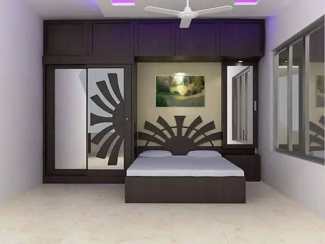 Bedroom set with sunburst headboard – Bed by Varnika Furnitures and Aluminium Works, Lucknow