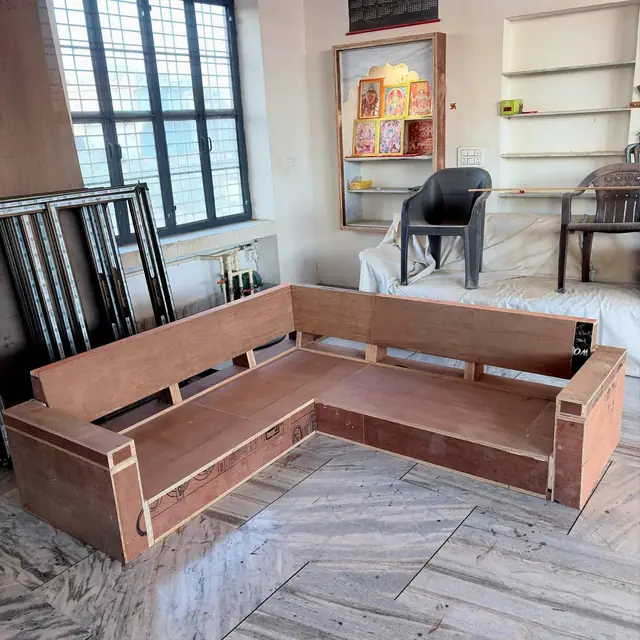 L-shaped wooden sofa frame – Living, Dining & Study by Varnika Furnitures and Aluminium Works, Lucknow