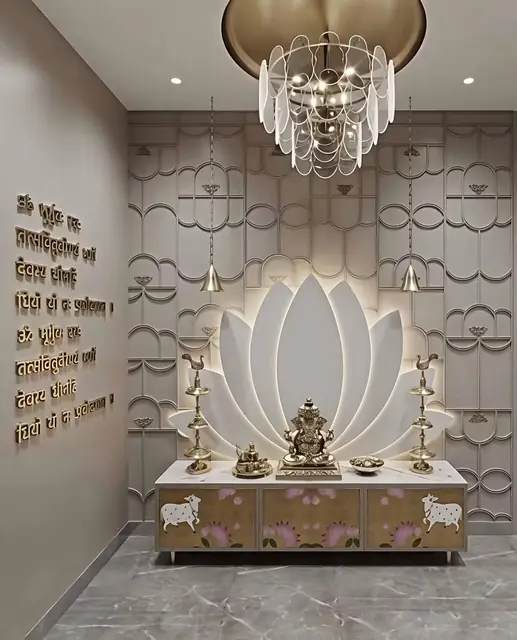 Lotus pooja room with chandelier