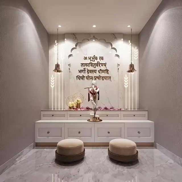 Minimal pooja room with seating – Pooja Mandir by Varnika Furnitures and Aluminium Works, Lucknow