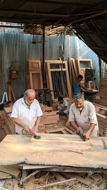 Master carpenters at work in the Varnika Furnitures workshop, Lucknow