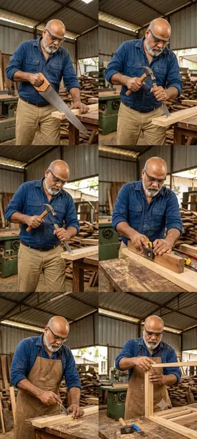 Varnika Furnitures carpenter sawing, chiselling and finishing in the workshop
